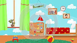 Kindergarten room. Empty playschool room with toys and furniture. Cartoon kids bedroom interior. Home childrens room with kid bed photo