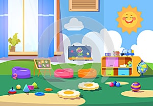 Kindergarten room. Empty playschool room with toys and furniture. Kids playroom cartoon vector interior photo