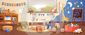 Kindergarten room interior flat vector illustration. Cozy playroom with cute children paintings on wall, furniture and