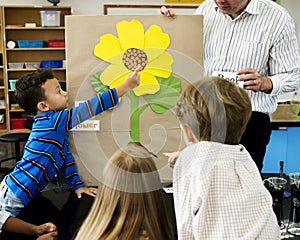 Kindergarten students learning flower structure