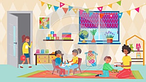 Kindergarten teacher with girl boy kid play in room, vector illustration. Preschool classroom with toy, little children