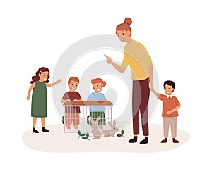 Kindergarten teacher with preschoolers group flat vector illustration. Pet care lesson, play with rabbits. Woman with