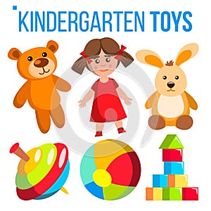 Kindergarten Toys Set Vector. Colorful Items For Childen. Preschool Gaming Room, Playground. Isolated Cartoon