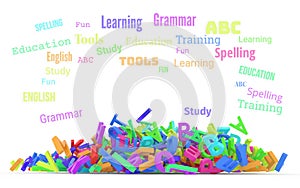 Kindergarten word cloud, stack of alphabets.