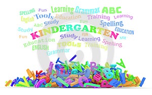 Kindergarten word cloud, stack of alphabets.