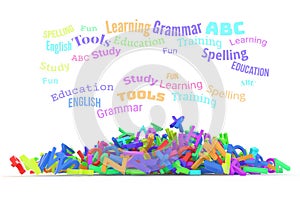 Kindergarten word cloud, stack of alphabets.