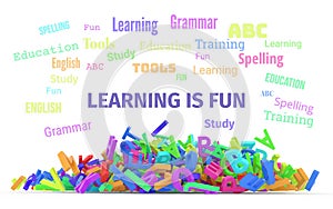 Kindergarten word cloud, stack of alphabets.