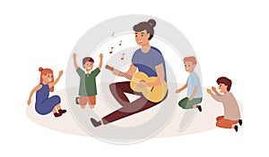 Kindergartener with kids group flat vector illustration. Nursery governess playing guitar. Music and singing lesson