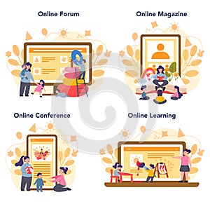 Kindergartener online service or platform set. Professional nany