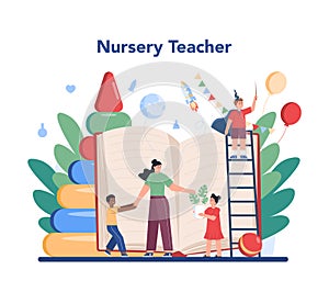 Kindergartener. Professional nany and children doing different