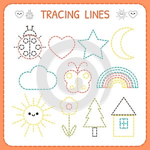 Kindergartens educational game for kids. Preschool tracing worksheet for practicing motor skills. Dashed lines