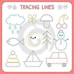 Kindergartens educational game for kids. Preschool tracing worksheet for practicing motor skills. Dashed lines. Working pages for