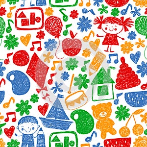 Kindgergarten vector pattern. Kids drawing style. Children play and grow, creativity and imagination. School student.