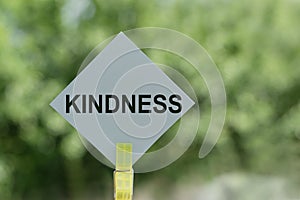 Kindness text on paper with clothespins with bokeh on background. The word Kindness. Kindness concept