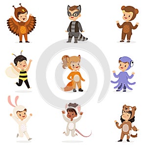 Kinds In Animal Costume Disguise Happy And Ready For Halloween Masquerade Party Set Of Cute Disguised Infants photo