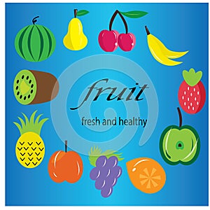 Kinds of fruits, colorful icons, background. vector design