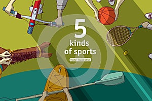 Kinds of sports basketball bicycle horsemanship kayak and tennis