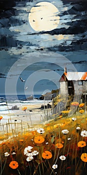 Kinetic Art Oil Painting Giclee Print: Coastal House With Thatched Roof