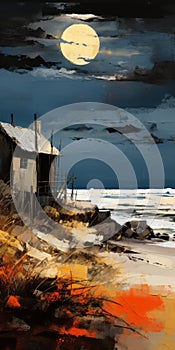 Kinetic Art Oil Painting Giclee Print: Coastal House With Thatched Roof