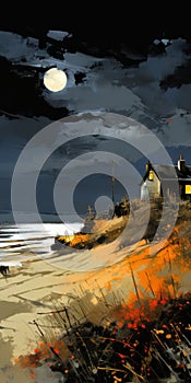 Kinetic Art Oil Painting Giclee Print: Coastal House With Thatched Roof