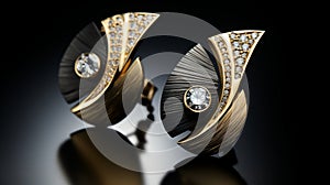 Kinetic Lines And Curves: Diamond And Feather Earrings With Brushed Metal And Blanket Design
