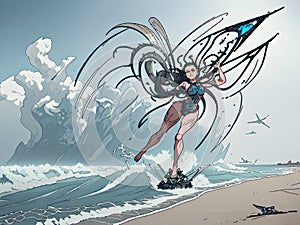 Kinetic sculpture propelled by wind on beach, Generative AI Illustration