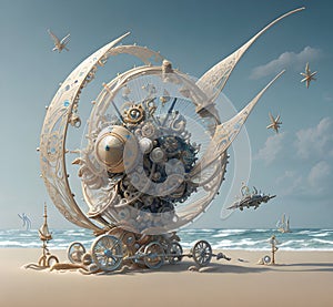 Kinetic sculpture propelled by wind on beach, Generative AI Illustration