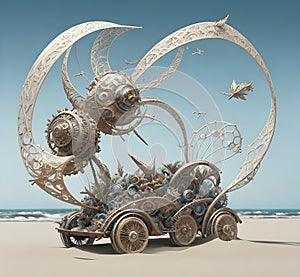 Kinetic sculpture propelled by wind on beach, Generative AI Illustration