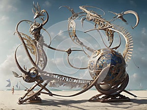 Kinetic sculpture propelled by wind on beach, Generative AI Illustration