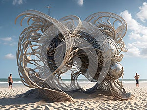 Kinetic sculpture propelled by wind on beach, Generative AI Illustration