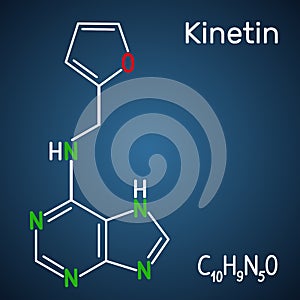 Kinetin N6-furfuryladenine molecule. It is plant hormone. Structural chemical formula on the dark blue background