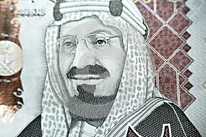 King Abdul Aziz Al Saud founder of the kingdom of Saudi Arabia from the obverse side of 200 two hundred Saudi riyals banknote,