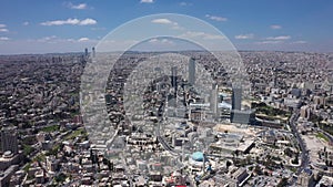 King Abdullah I Mosque ,Top view of Amman Jordan city. Aerial Drone fly over futuristic Abdali area district on beautiful day