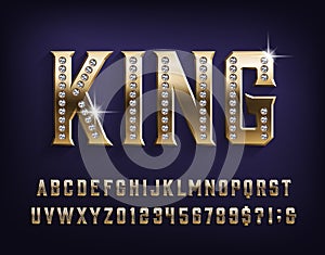 King alphabet font. Golden letters and numbers with diamonds gemstones.