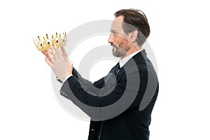 King attribute. Become next king. Monarchy family traditions. Man nature bearded guy in suit hold golden crown symbol of