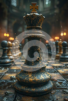 The King in battle chess game stand on chessboard with blurred background