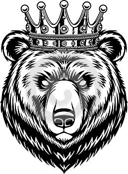 king bear head with luxury crown black and white illustration