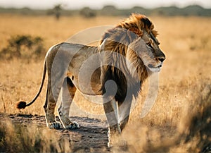 King of beasts lion in the African savannah. Wild nature