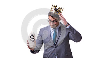 The king businessman holding money bag isolated on white background