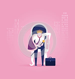 King businessman - vector illustration. A successful businessman is sitting on throne crown on his head
