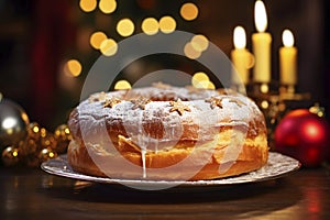 king cake and candles on a table, AI generated
