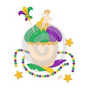 King Cake. Festive sweet cupcake with colorful icing, baby Jesus toy and beads necklaces. Mardi Gras carnival. Vector