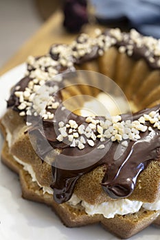 King cake with fresh homemade cream and dark chocolate photo