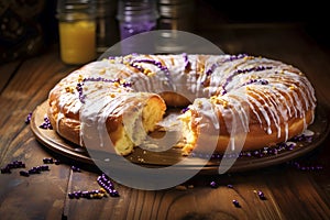 king cake of new orleans on a table, AI generated