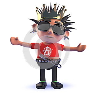 King cartoon punk rock characte in 3d wearing a royal gold crown