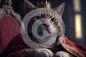 King of the cat in royal robe and crown on throne. AI generative illustration