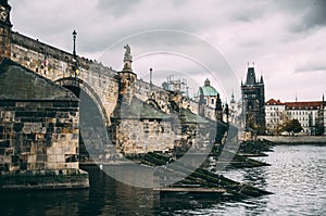King Charles bridge in Prague on rainy day
