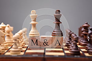 King Chess Pieces With Mergers And Acquisitions Text