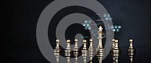 King chess pieces on teamwork with strategy icons concepts of leadership or wining challenge battle fighting of business team