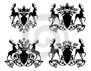 king deer stags and heraldic shield with royal crown and rose flowers black and white vector dsign set